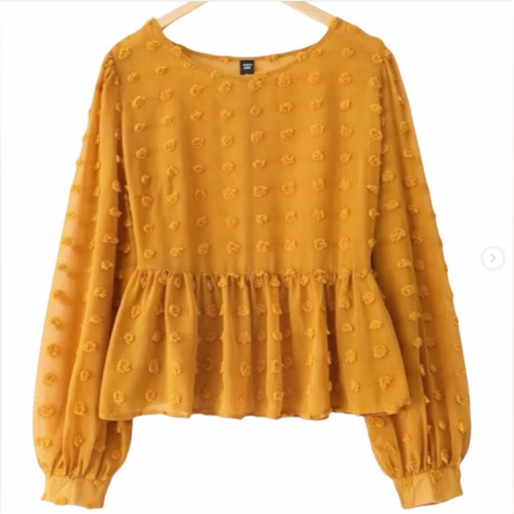 Shein Curve Mustard Yellow Swiss Dot Sheer Casual Peplum Blouse Top 1XL‎ (A7)
